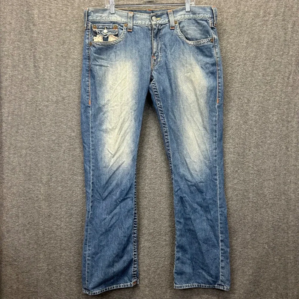 True Religion‎ Straight Mens Jeans 38 Medium Wash Frayed Horseshoe Logo USA